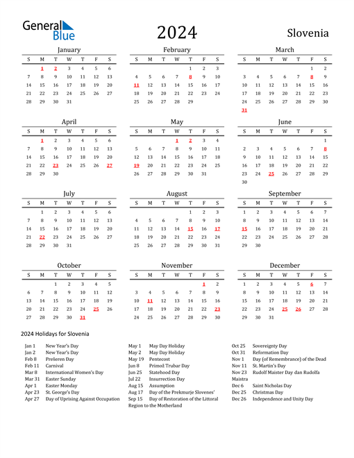 Slovenia Holidays Calendar for 2024
