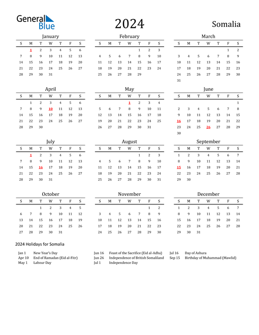 Somalia Holidays Calendar for 2024