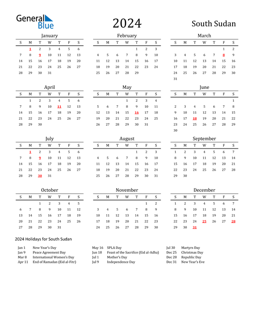 South Sudan Holidays Calendar for 2024