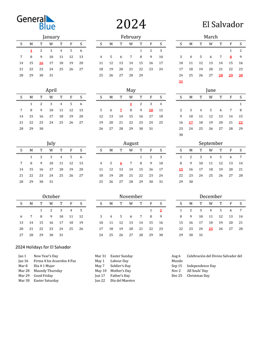 2024 El Salvador Calendar with Holidays