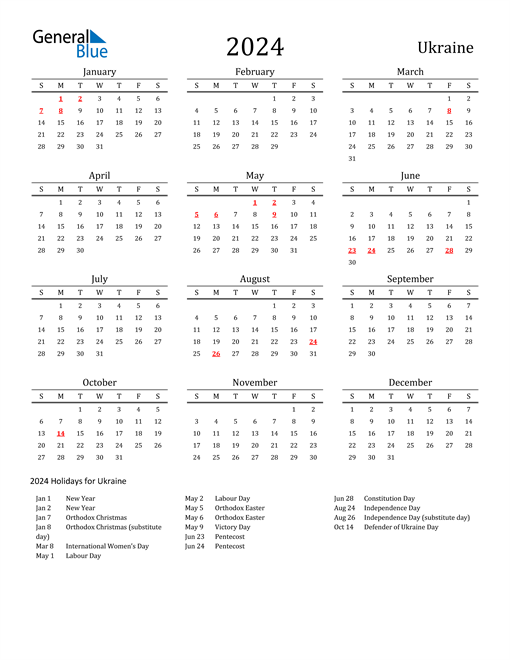 Ukraine Holidays Calendar for 2024