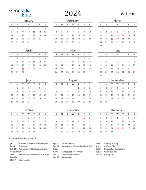 Vatican Holidays Calendar for 2024