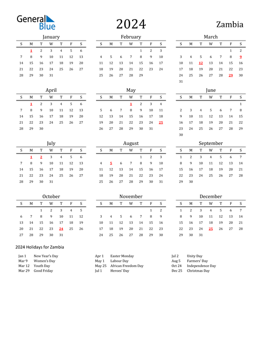 Zambia Holidays Calendar for 2024