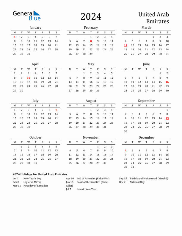 United Arab Emirates Holidays Calendar for 2024