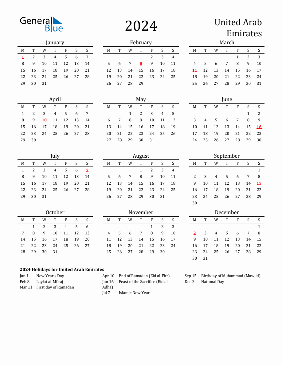 Free United Arab Emirates Holidays Calendar for Year 2024