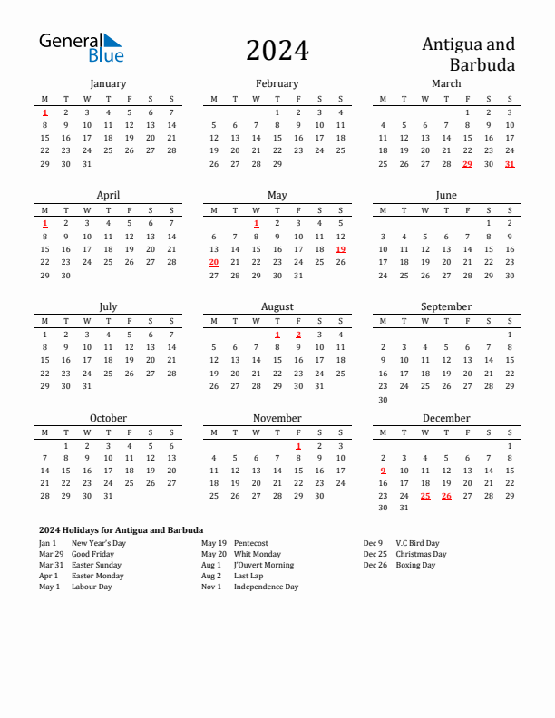 Antigua and Barbuda Holidays Calendar for 2024
