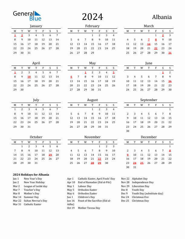 Albania Holidays Calendar for 2024