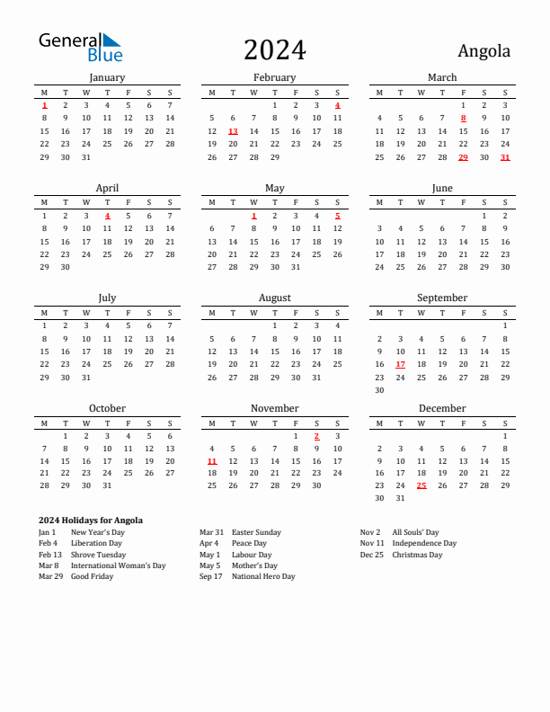 Angola Holidays Calendar for 2024