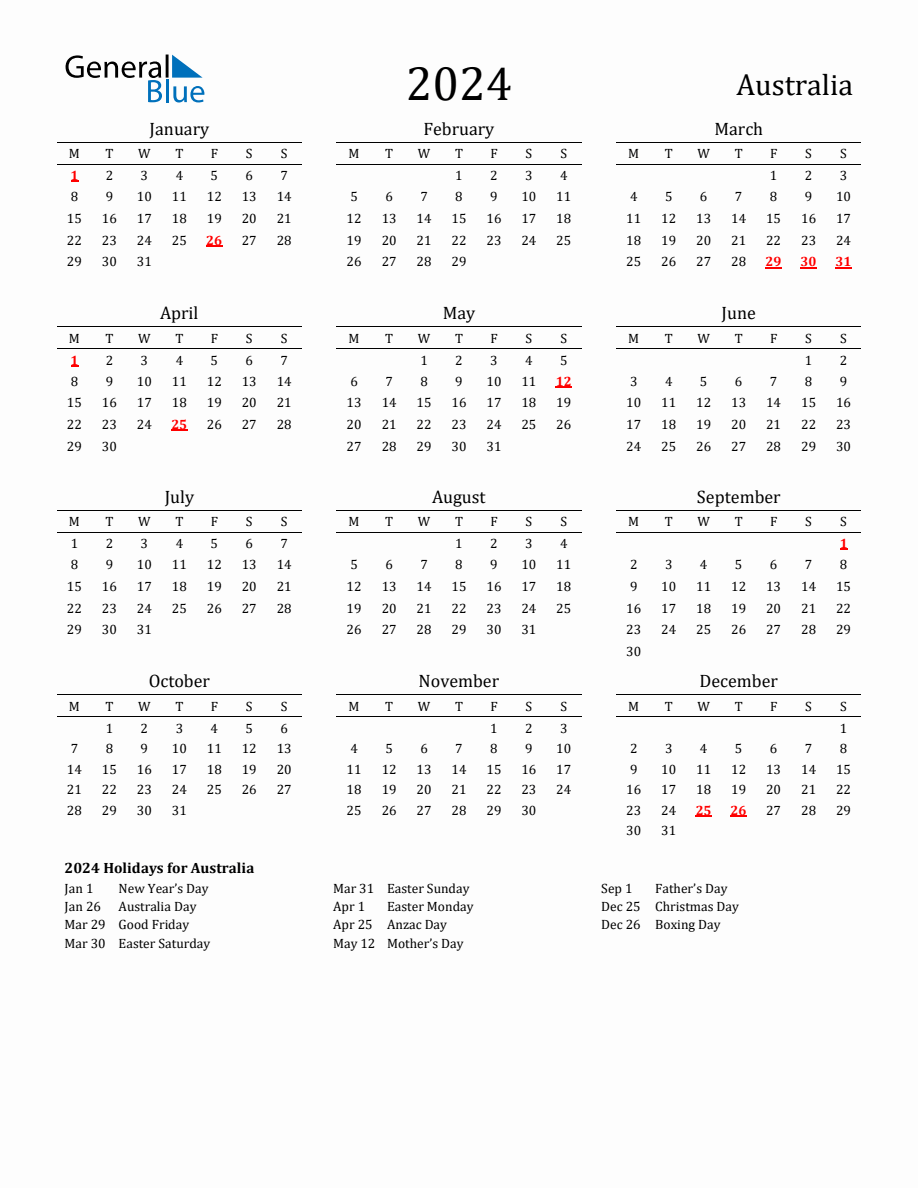 Free Australia Holidays Calendar for Year 2024