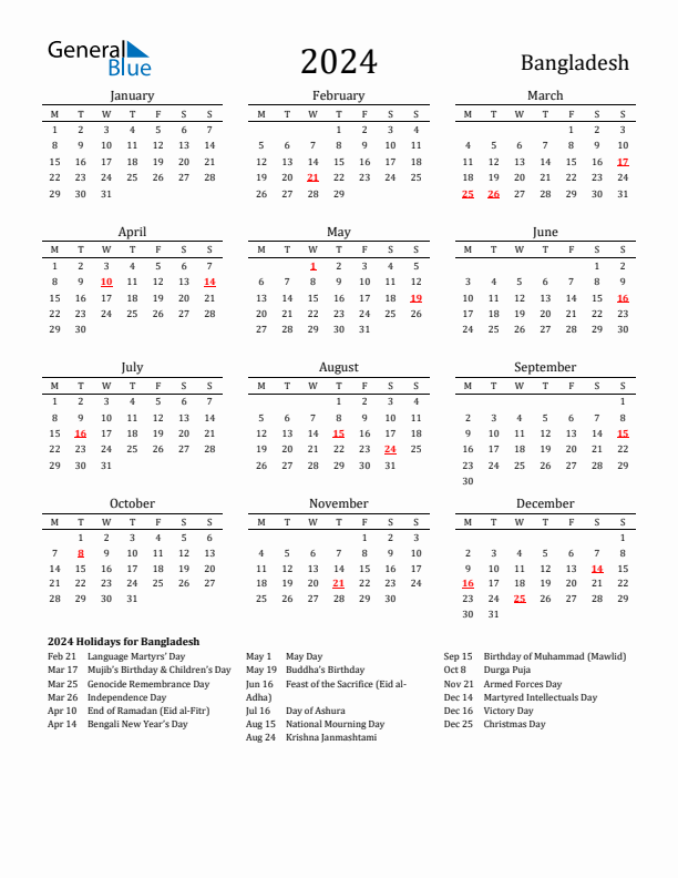 Bangladesh Holidays Calendar for 2024