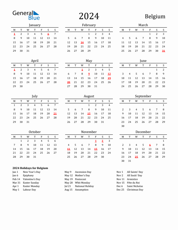 2024 Holiday Calendar for Belgium - Monday Start