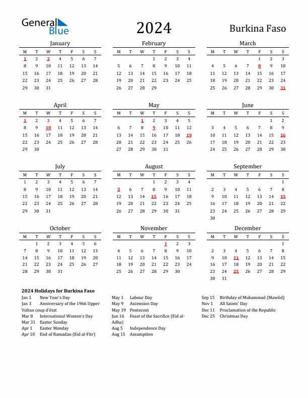 Burkina Faso Holidays Calendar for 2024