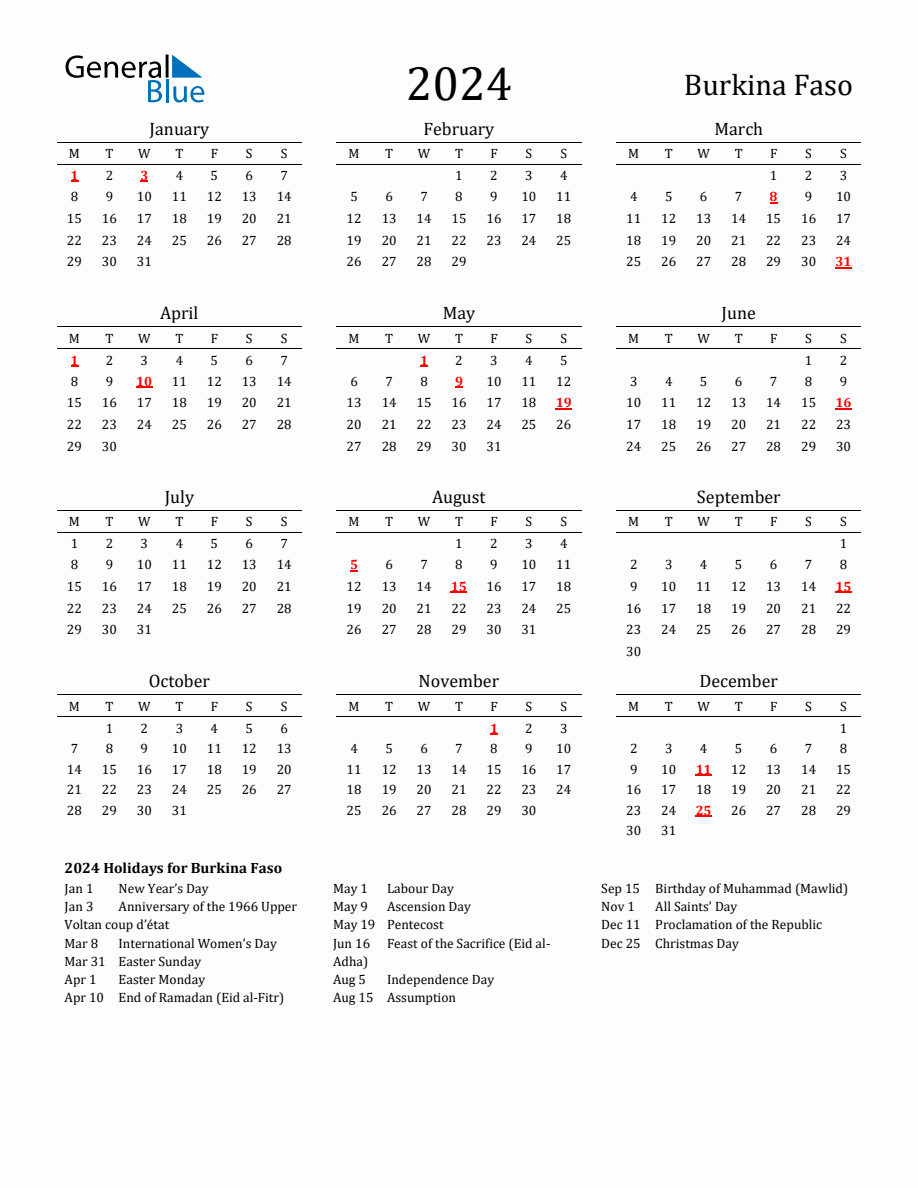 Free Burkina Faso Holidays Calendar for Year 2024