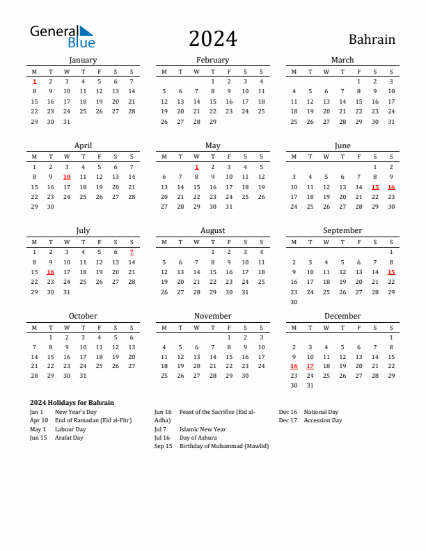 Bahrain Holidays Calendar for 2024