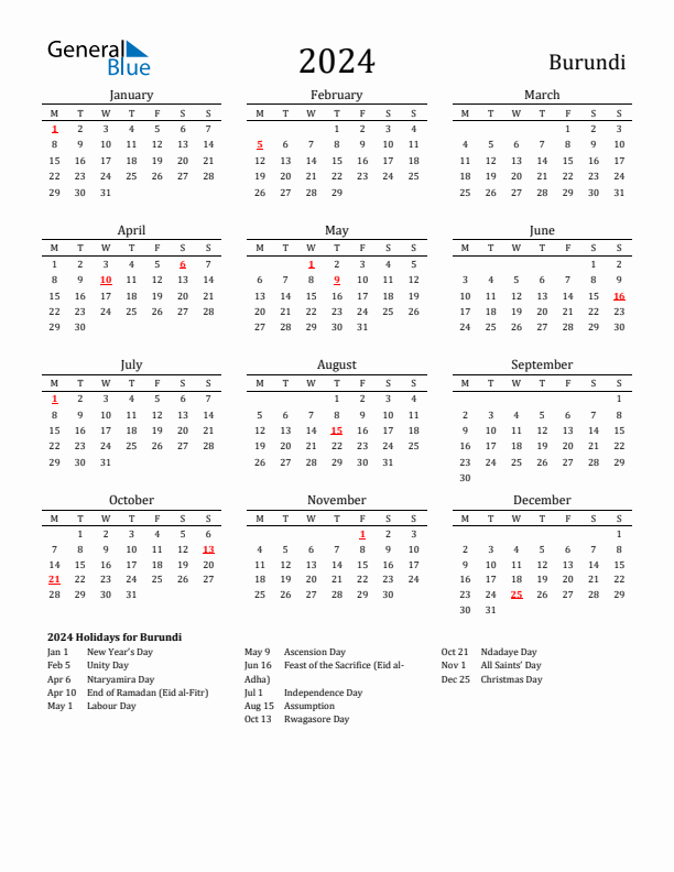 Burundi Holidays Calendar for 2024