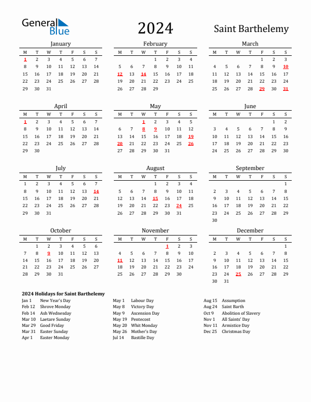 Saint Barthelemy Holidays Calendar for 2024