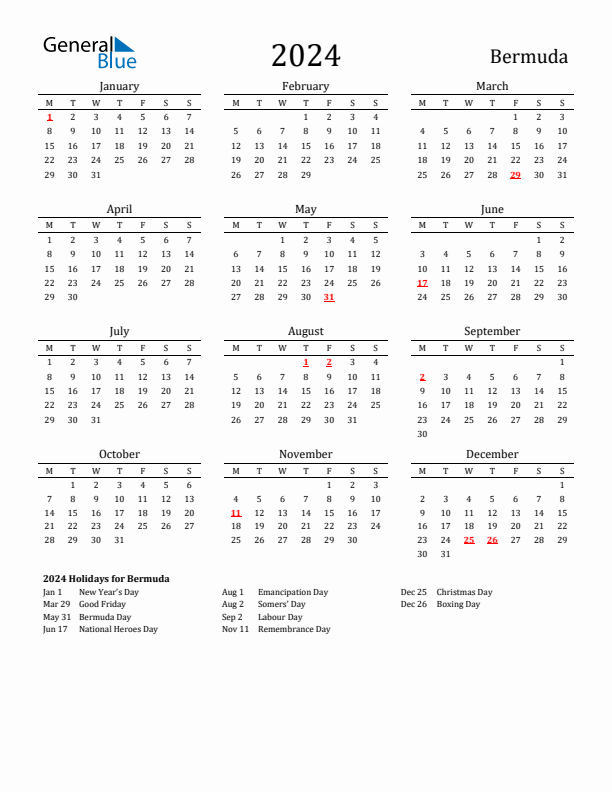 Bermuda Holidays Calendar for 2024