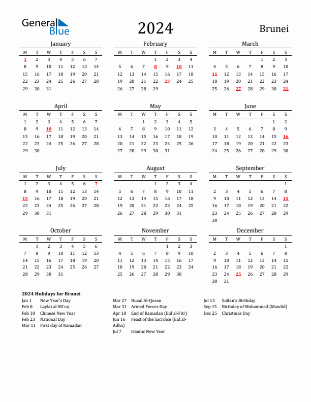 Brunei Holidays Calendar for 2024
