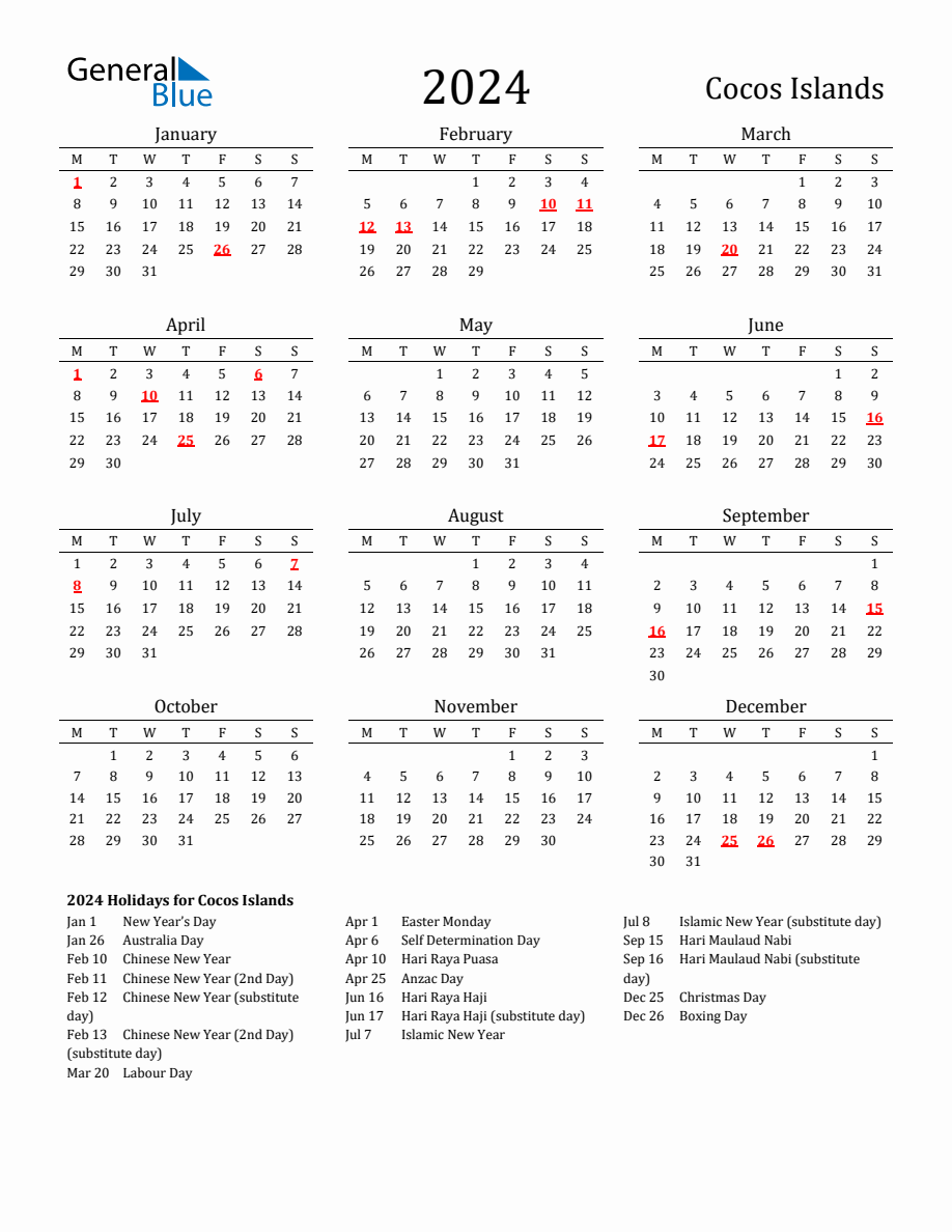 Free Cocos Islands Holidays Calendar for Year 2024