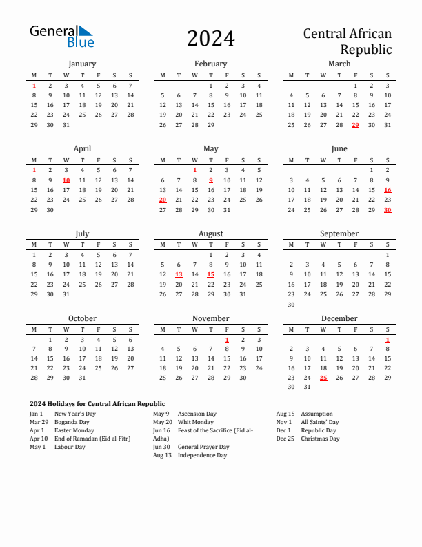 Central African Republic Holidays Calendar for 2024