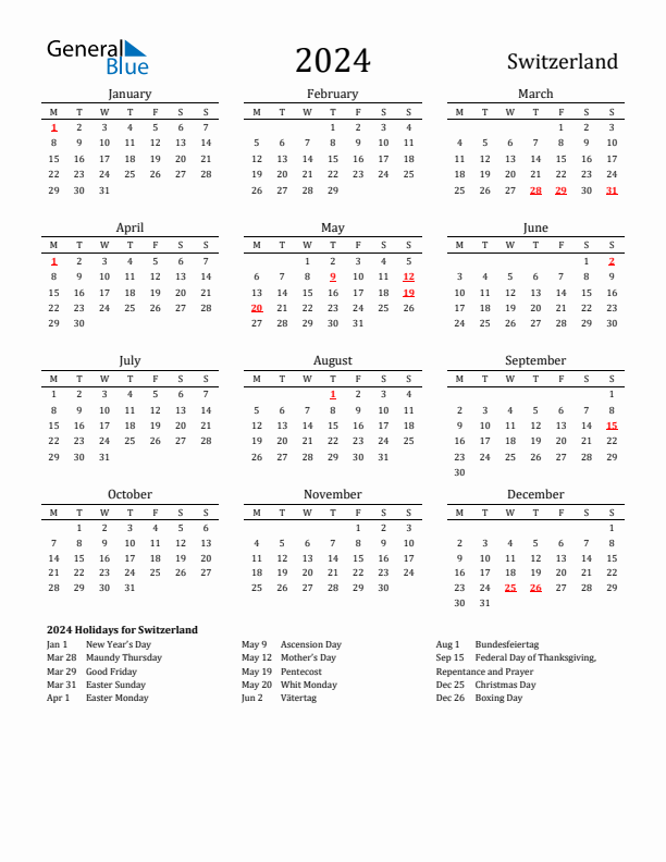 Switzerland Holidays Calendar for 2024