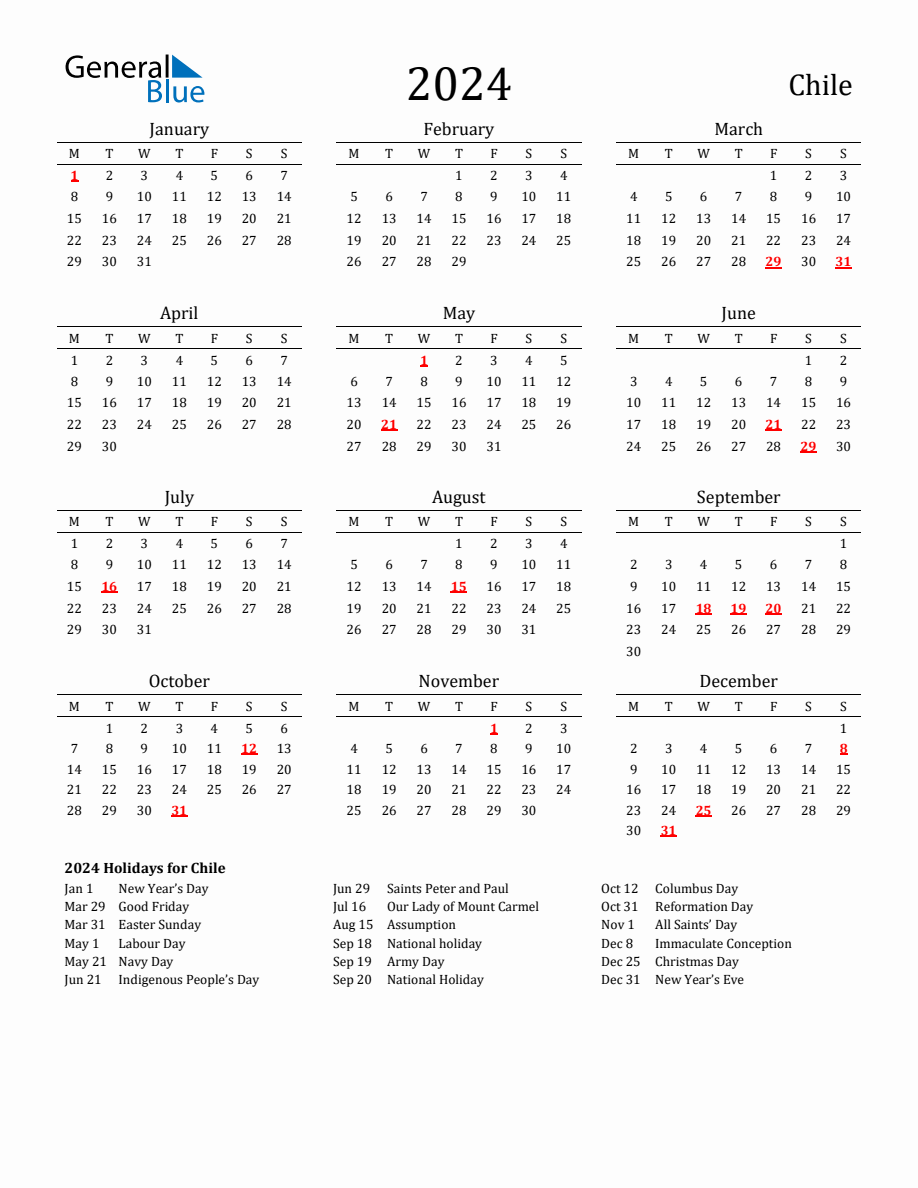 Free Chile Holidays Calendar for Year 2024