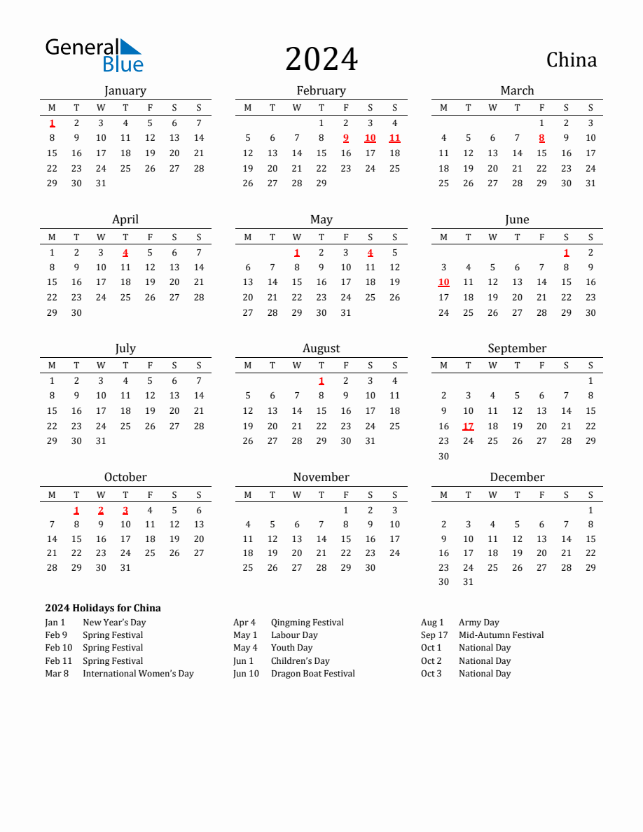 Free China Holidays Calendar for Year 2024