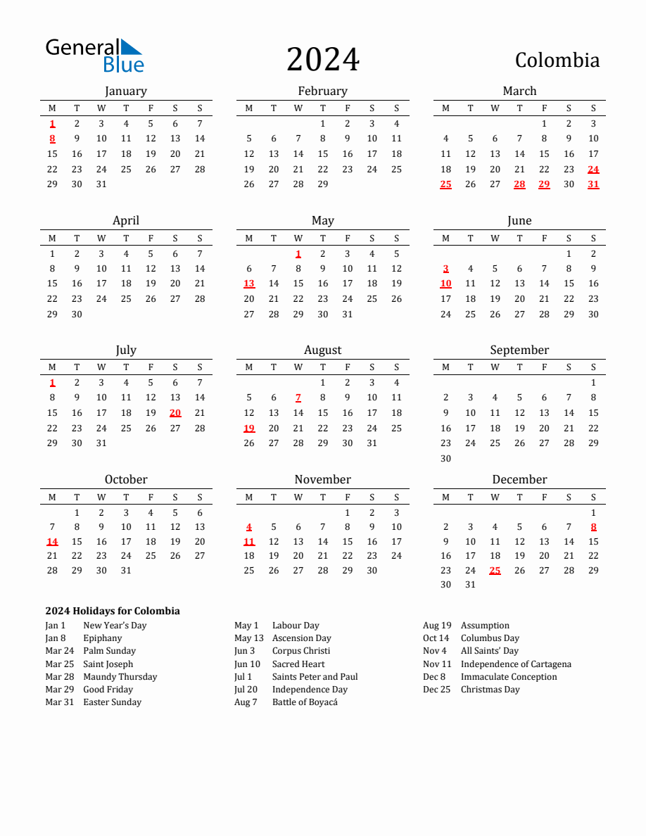 Free Colombia Holidays Calendar for Year 2024