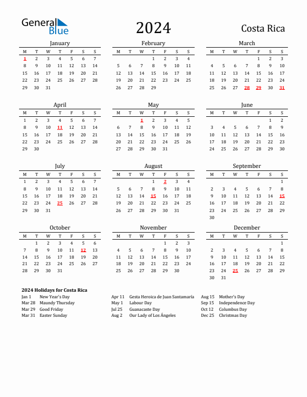 Costa Rica Holidays Calendar for 2024