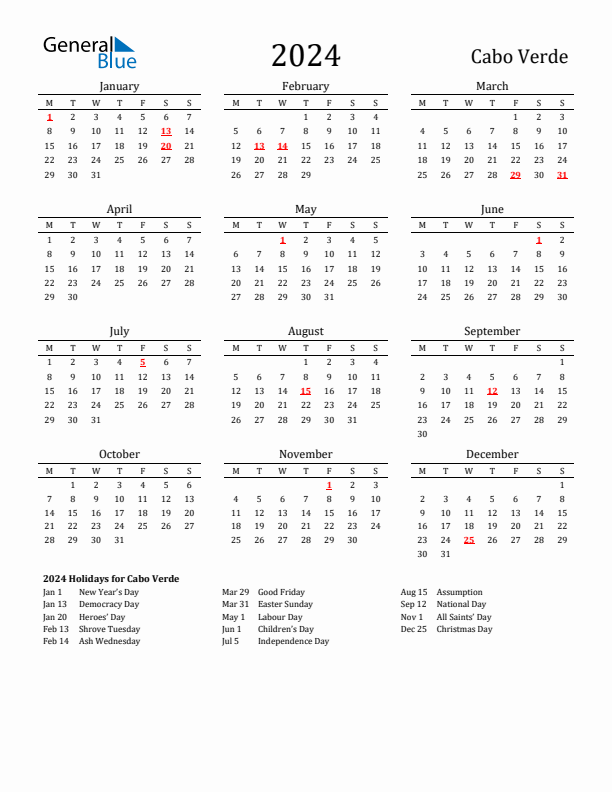Cabo Verde Holidays Calendar for 2024