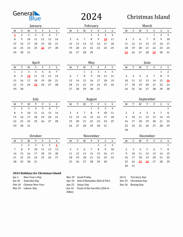 Christmas Island Holidays Calendar for 2024