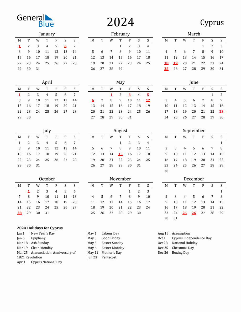 Free Cyprus Holidays Calendar for Year 2024