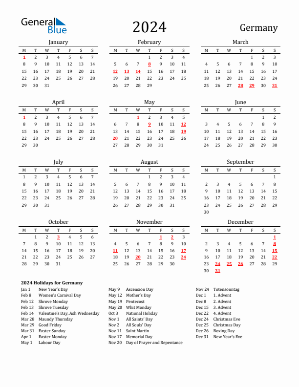Germany Holidays Calendar for 2024