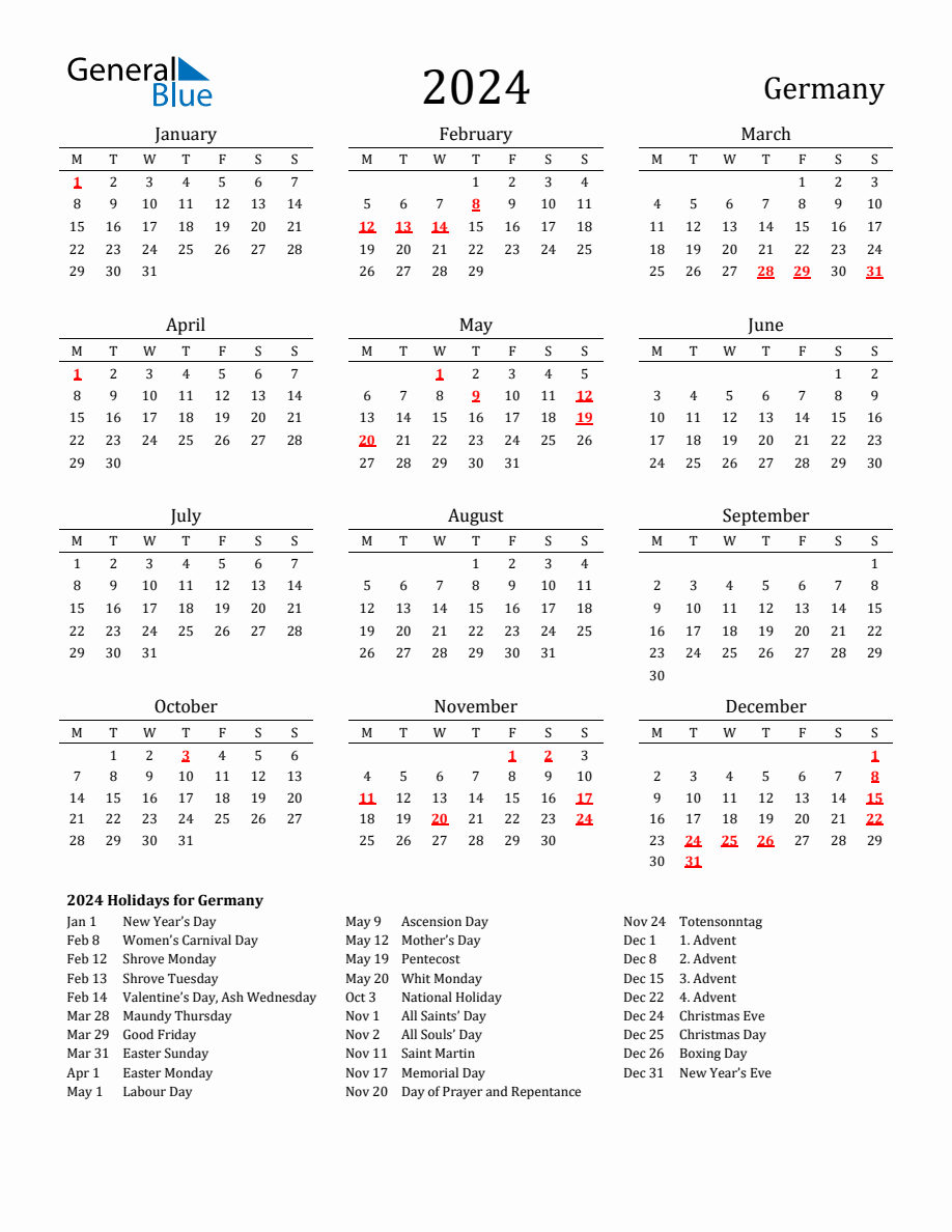 Free Germany Holidays Calendar for Year 2024