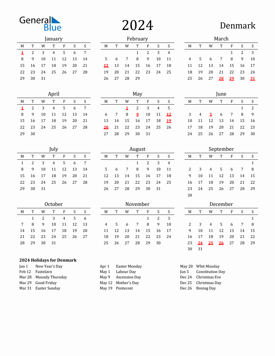 Free Denmark Holidays Calendar for Year 2024