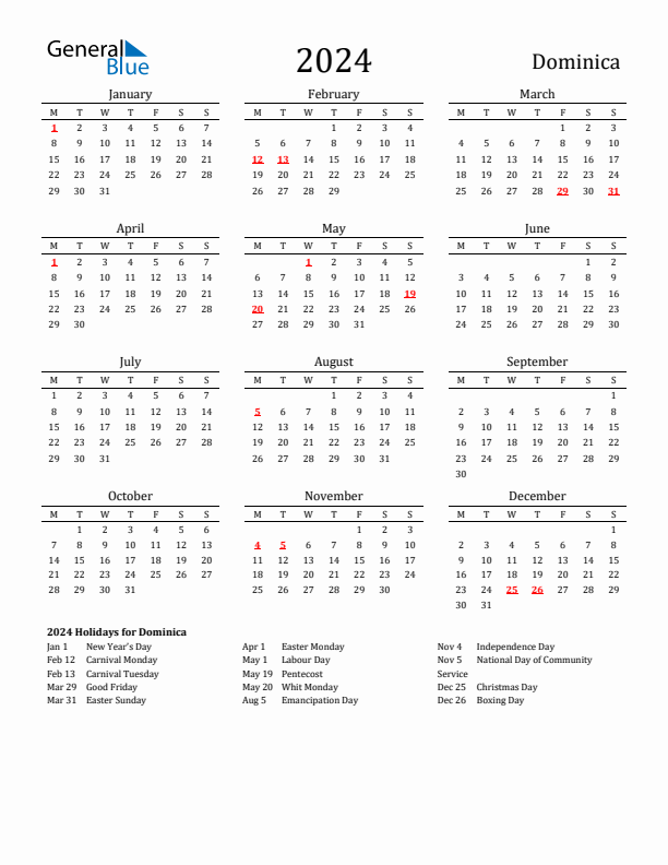 Dominica Holidays Calendar for 2024