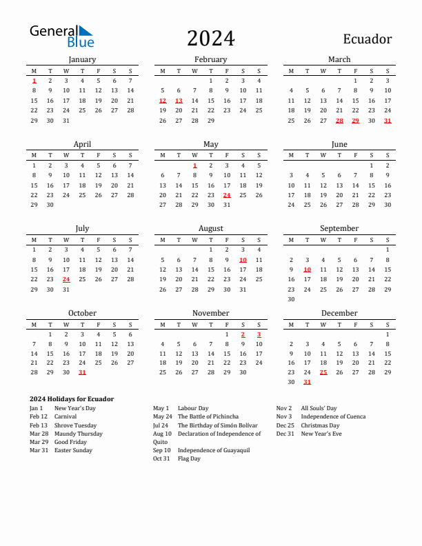 Ecuador Holidays Calendar for 2024