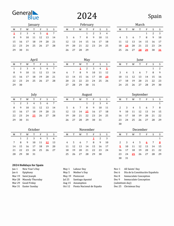 Spain Holidays Calendar for 2024