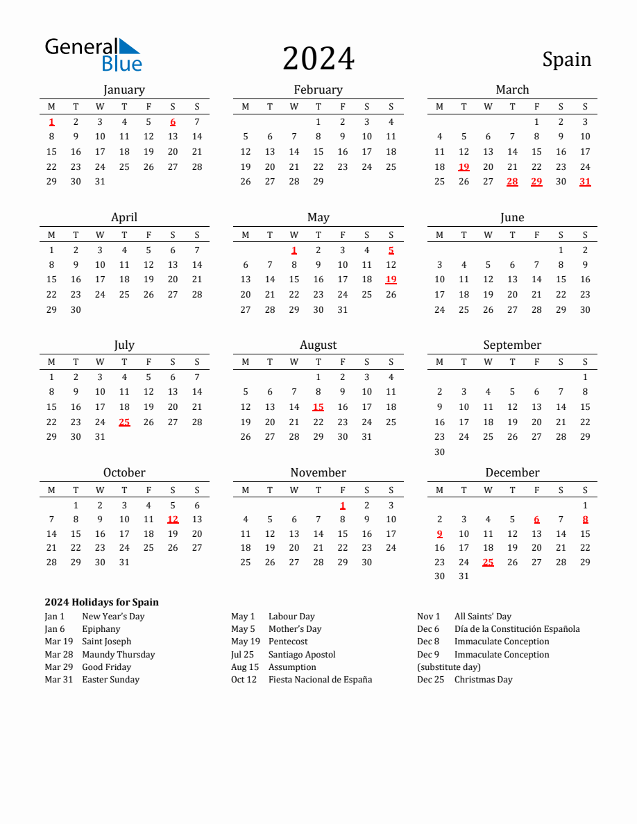 Free Spain Holidays Calendar for Year 2024