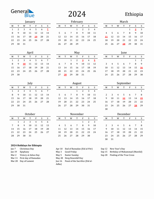 Ethiopia Holidays Calendar for 2024