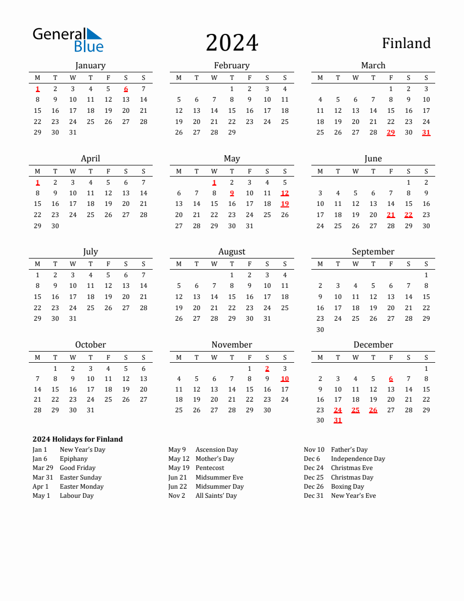 Free Finland Holidays Calendar for Year 2024