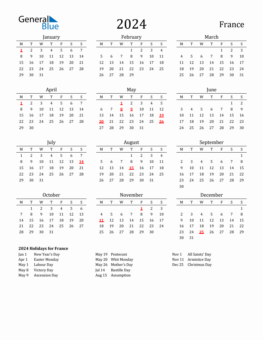 Free France Holidays Calendar for Year 2024