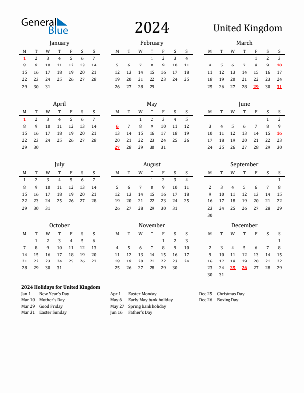 United Kingdom Holidays Calendar for 2024
