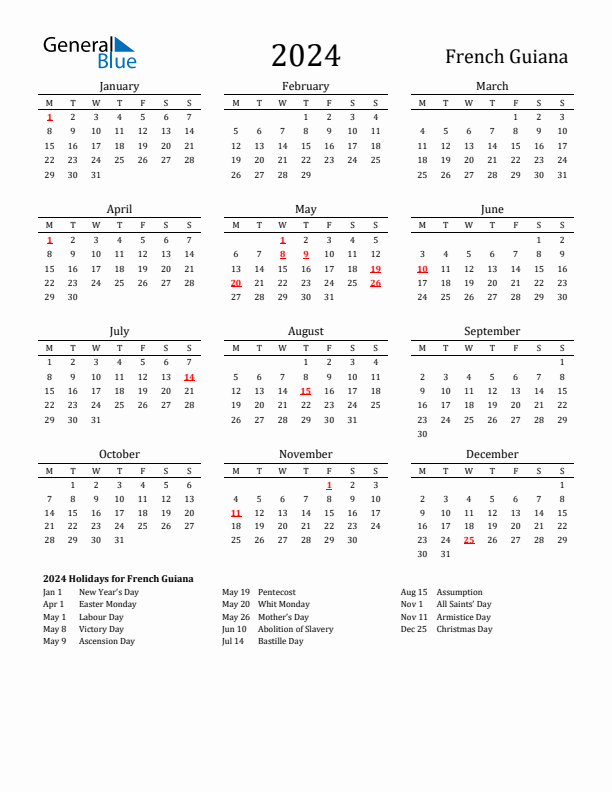 French Guiana Holidays Calendar for 2024