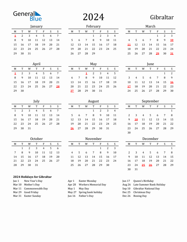 Gibraltar Holidays Calendar for 2024