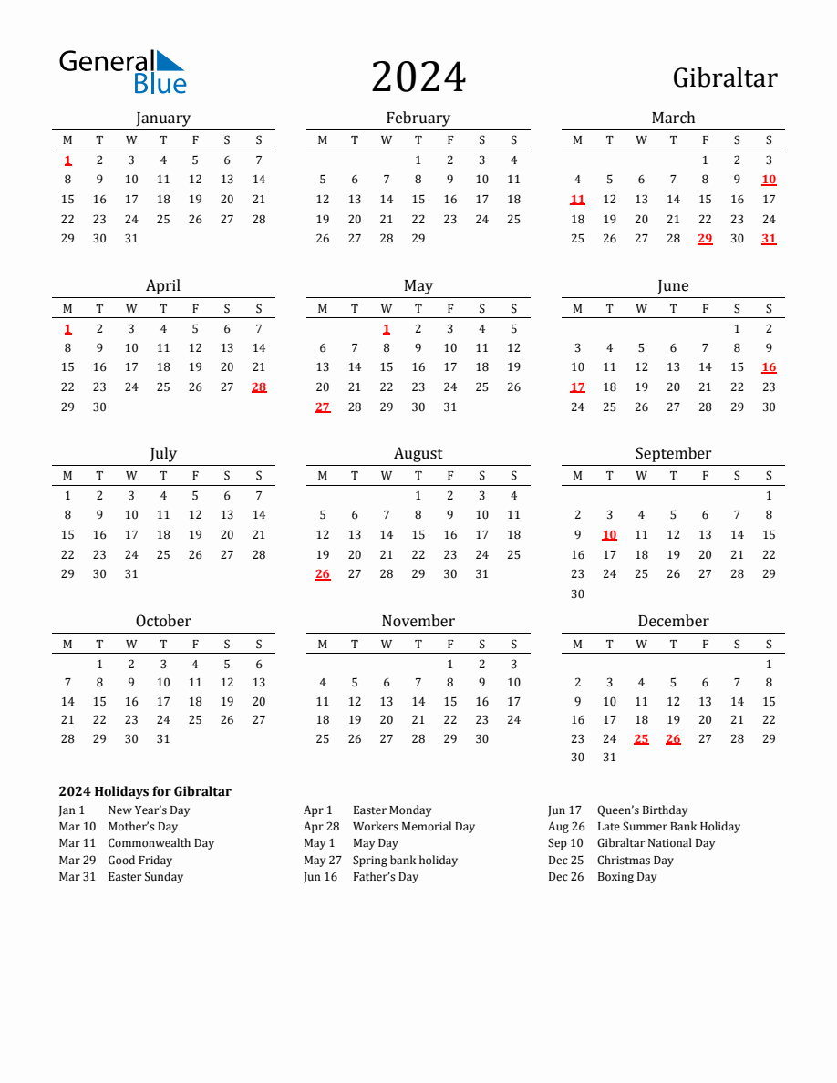 Free Gibraltar Holidays Calendar for Year 2024