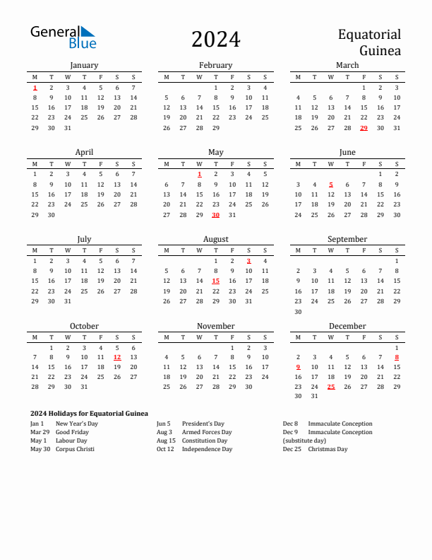Equatorial Guinea Holidays Calendar for 2024