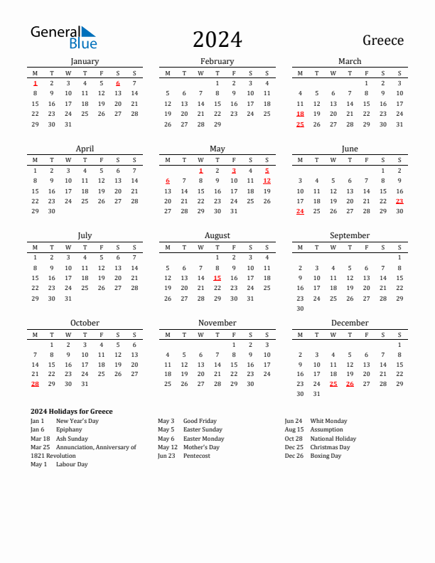 Greece Holidays Calendar for 2024