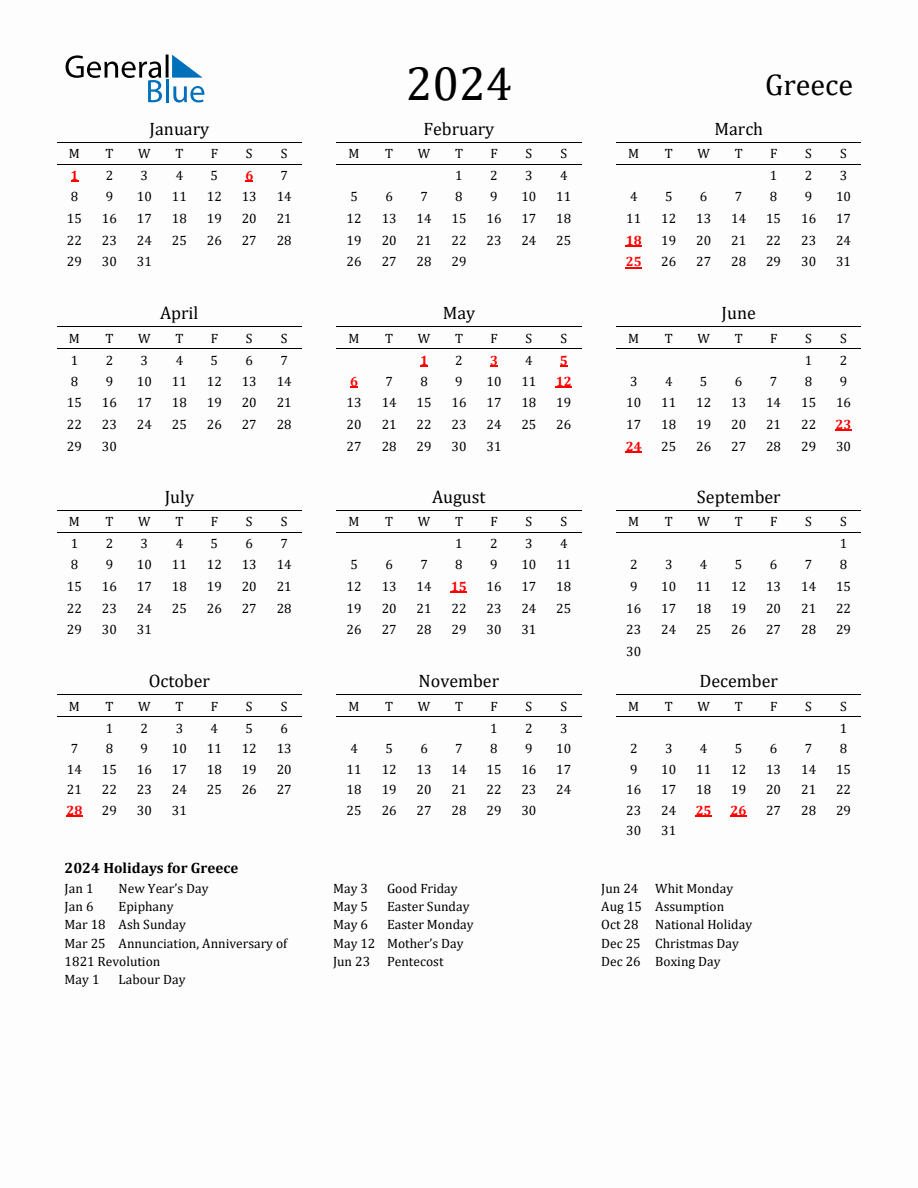 Free Greece Holidays Calendar for Year 2024