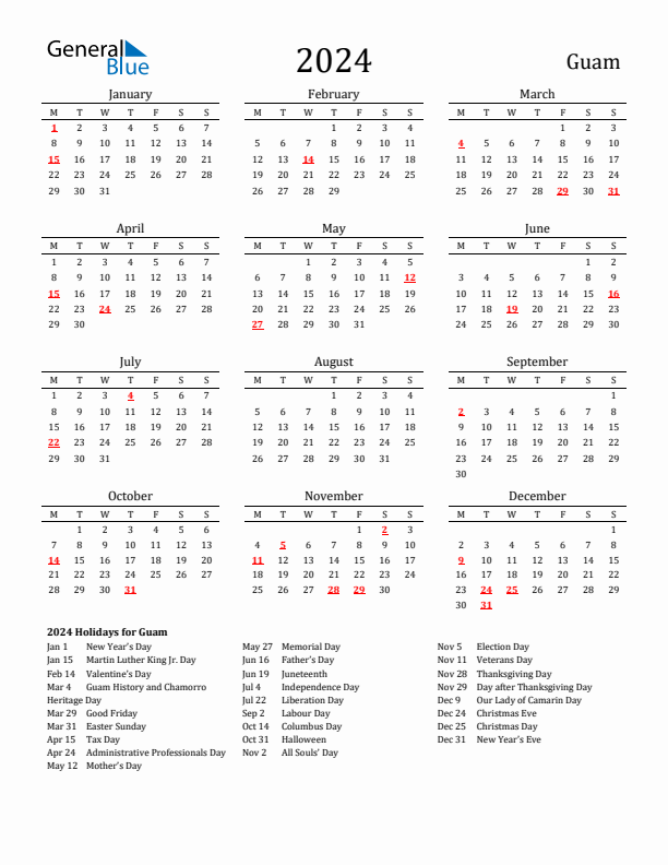 Guam Holidays Calendar for 2024